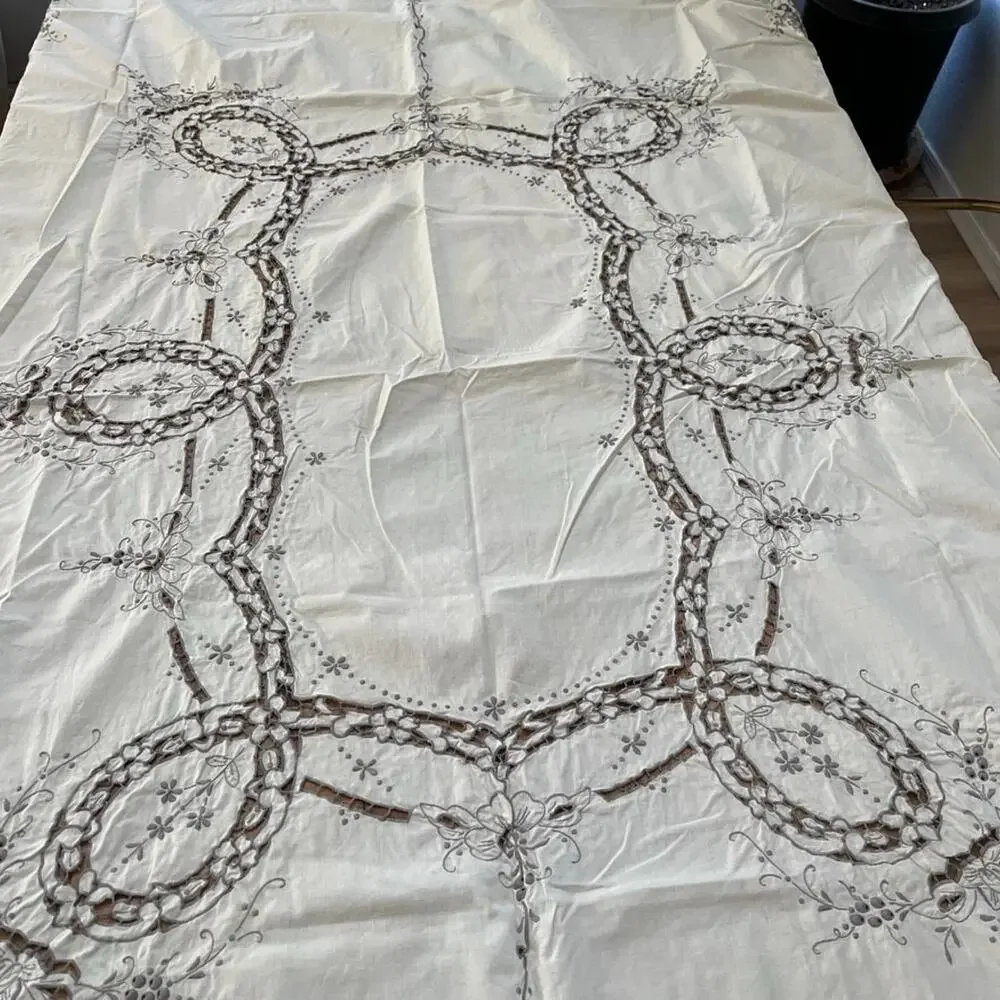 Vintage Ivory Linen Tablecloth 78” X 61” Floral Cutwork Madeira Embroidery